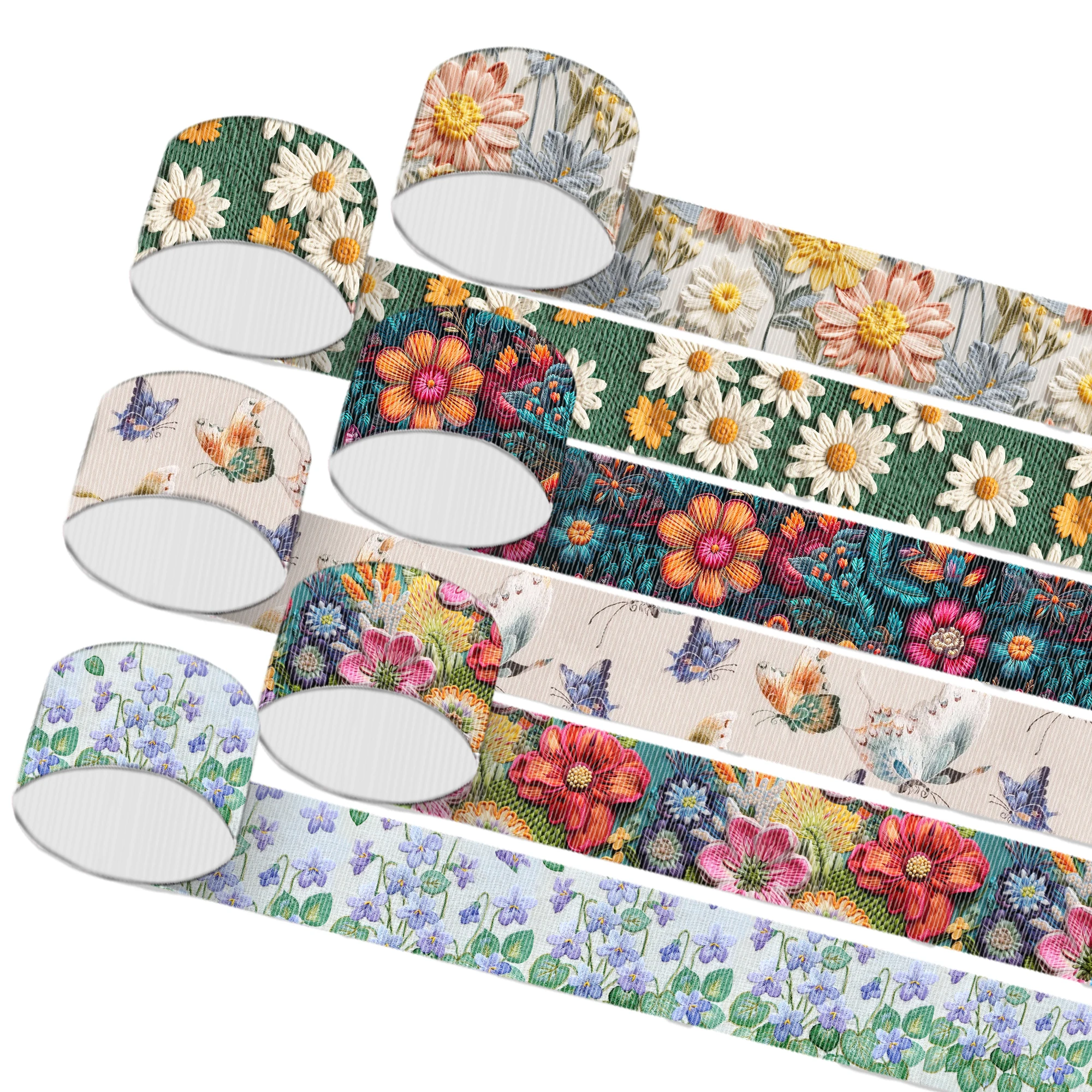 

5Y Imitation Embroidery Flower Printed Grosgrain Ribbon 25mm/38mm/75mm Wrapping Hair Bow Making DIY Wedding Decoration Packing