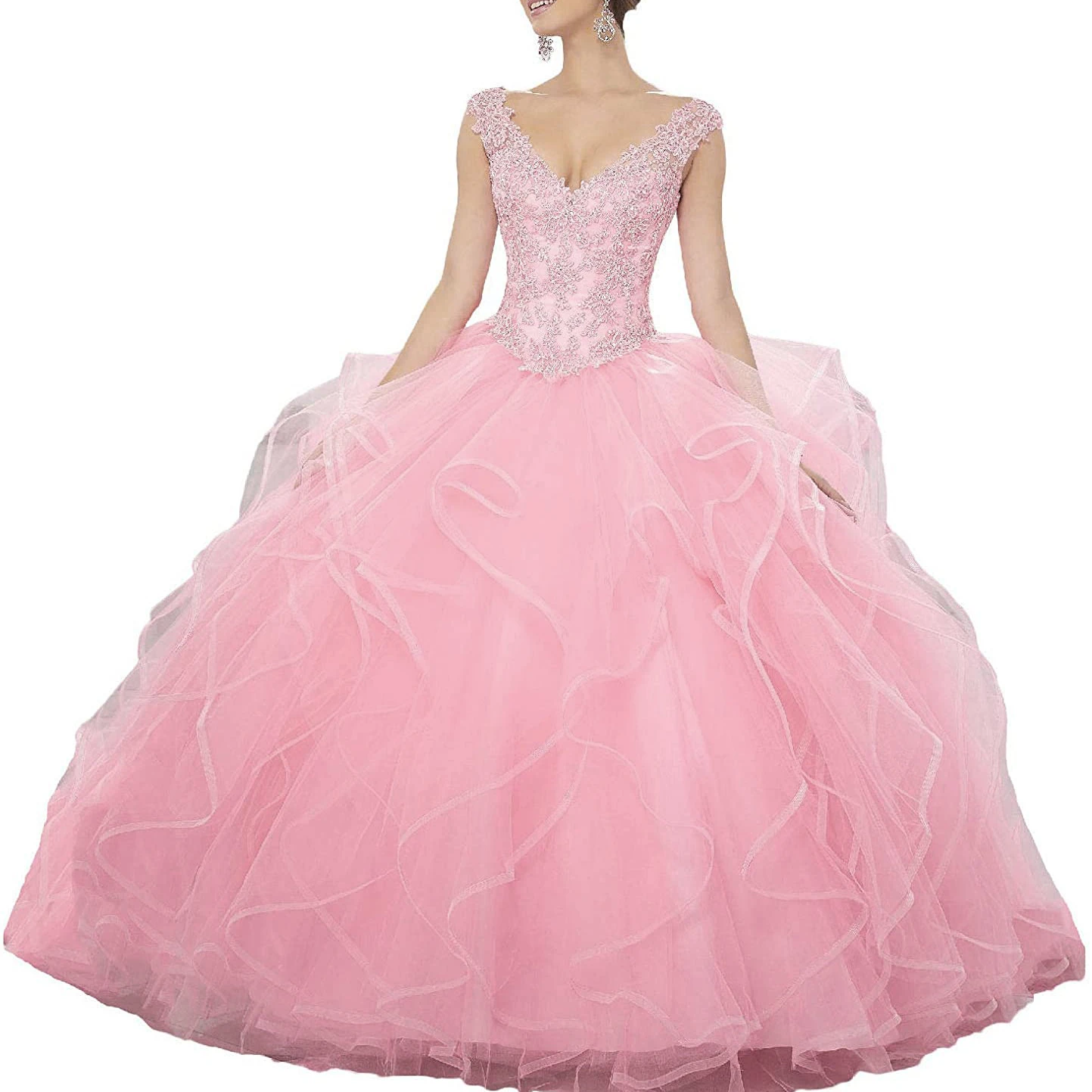 

CharmingBridal V-Neck Long Formal Prom Dress Beaded Lace Ruffle Tulle Quinceanera Dresses Ball Gown Sweet 15 Dress Plus Size