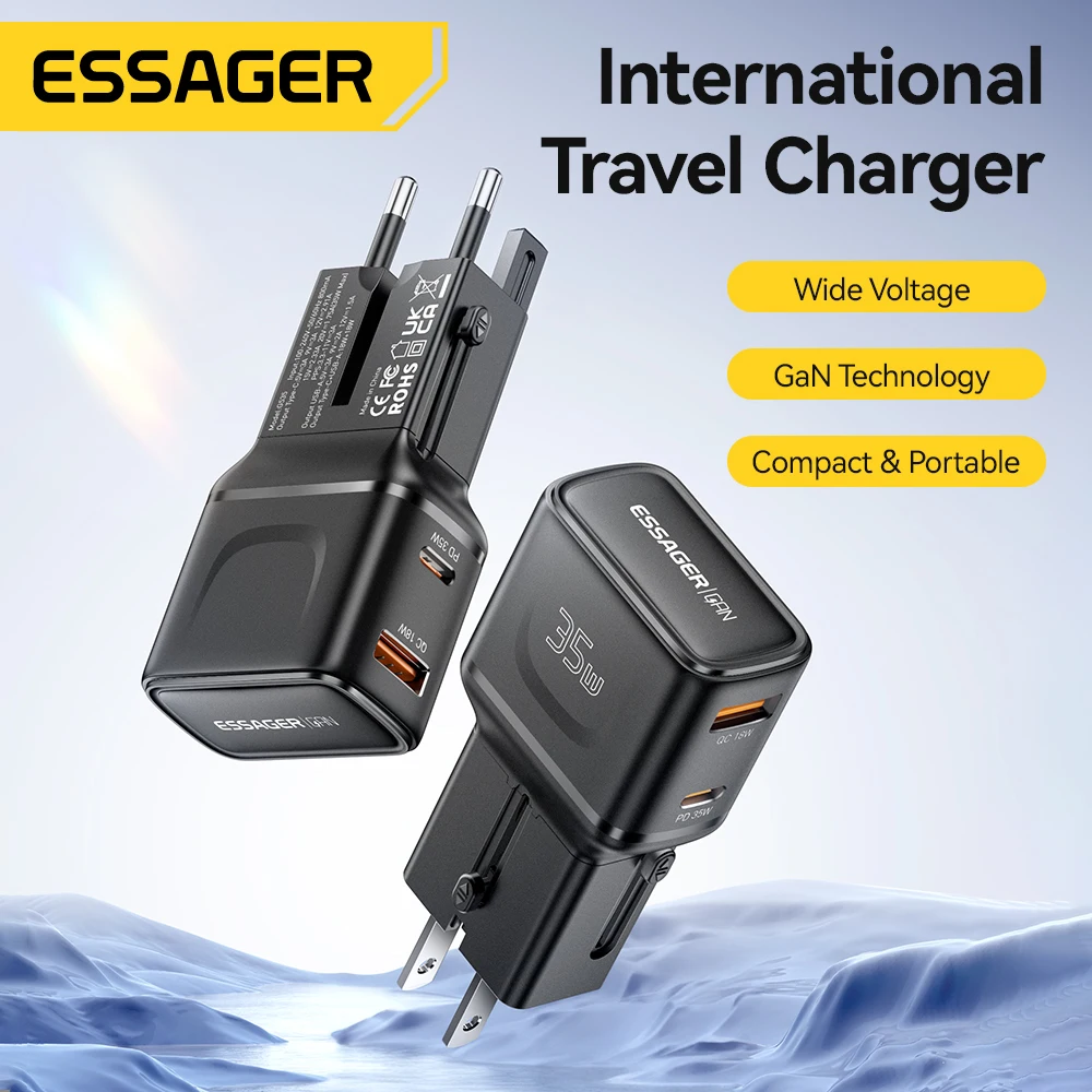 Essager 35W GaN International Travel Adapter Dual Ports USB-C Fast Charging Travel Charger For US/CN EU UK AUS Plug For Travel