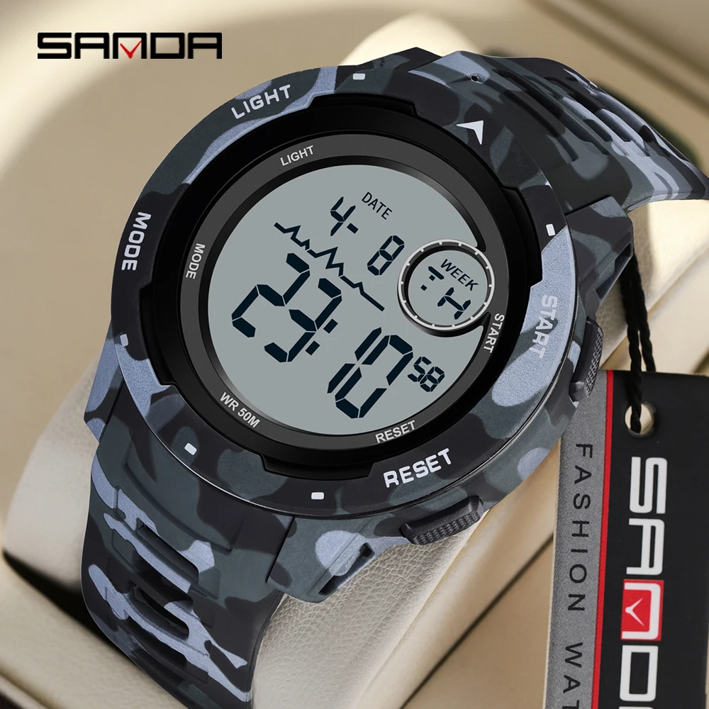 

Электронные часы Sanda 2185, популярные камуфляжные модные часы с будильником в Военном Стиле, многофункциональные электронные мужские часы