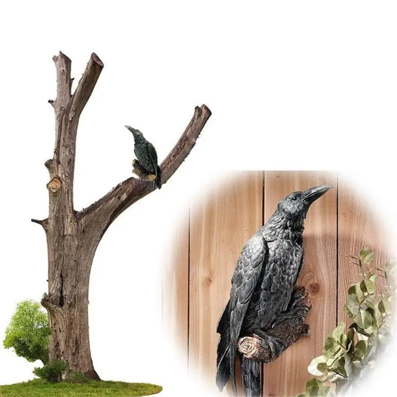 Raven Statue Fake Raven Resin Statue Bird Crow Sculpture Outdoor Corvi Halloween Decor Creative Eaves Decoration