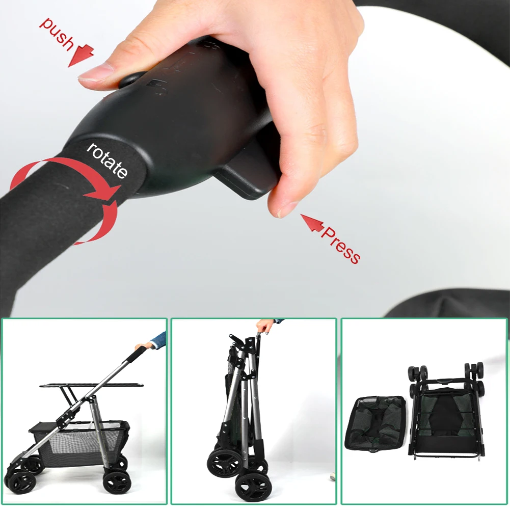 Foldable Shopping Cart with Wheels Dual-Layer Portable Folding Cart Removable Basket Personal Grocery Cart for Picnic Camping