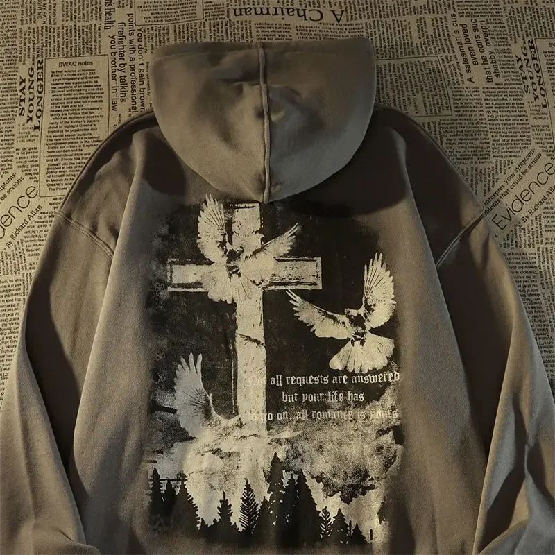 American Vibe Style High Street Dark Wind Cross Peace Dove Hooded Sweater Trendy Brand Lazy Style Men and Women Couple Clothing