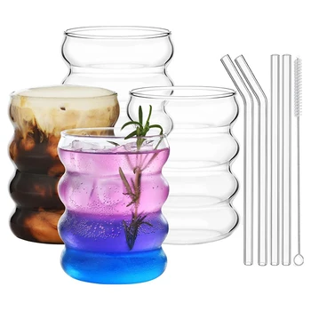 4 pezzi tazze di vetro creative tazza da caffè bicchieri trasparenti vetreria a costine tazze con cannucce set cocktail bicchieri di vetro di frutta 1