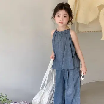 Teens Girls 2-piece Set 2025 Children's Clothing Summer New Set Outfits Baby Korean Slim Top and Blue Wide Leg Pants Casual Set