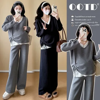 Maternity Suit Autumn Simple Elegant Temperament Youthful V Neck Slim Fit Drawstring Waist Soft Sweater and Pants Two Piece Set