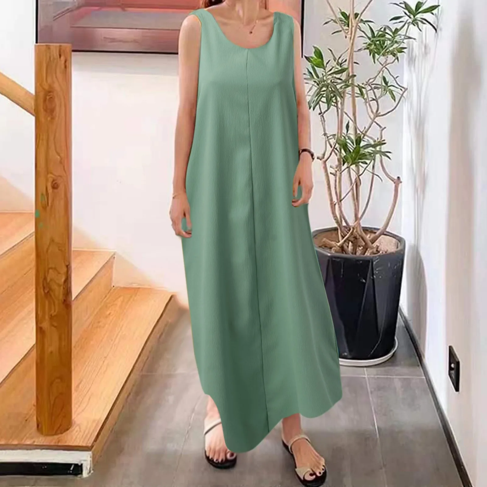 

Summer Cotton Linen Vintage Maxi Dress Women U Neck Sleeveless Beach Wear Tank Dresses Elegant Harajuku Sundress Streetwear