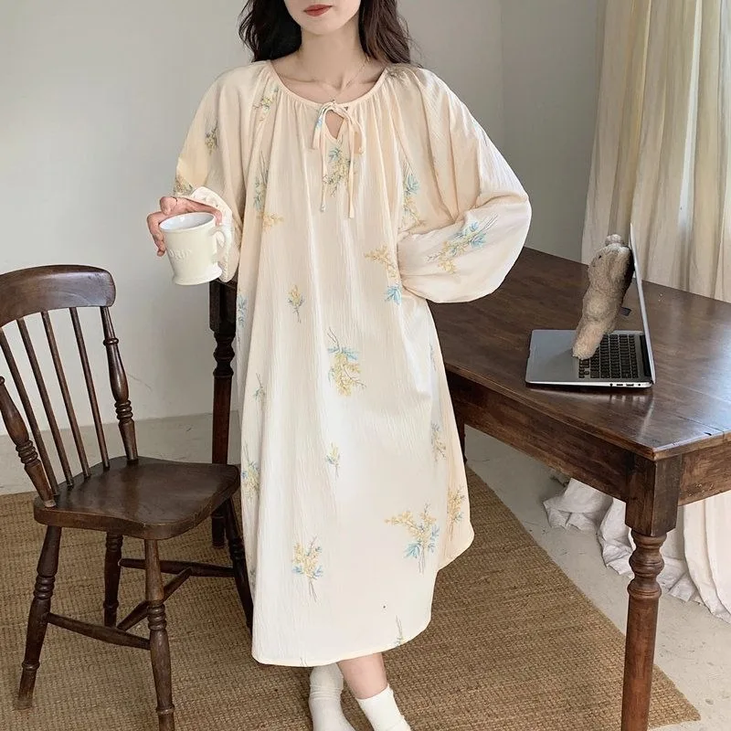 Spring Nightdress Vintage Plus Size Pajamas Loose Casual Pyjamas Round Collar Lace-up Sleepwear Medium Long Printed Nightgown