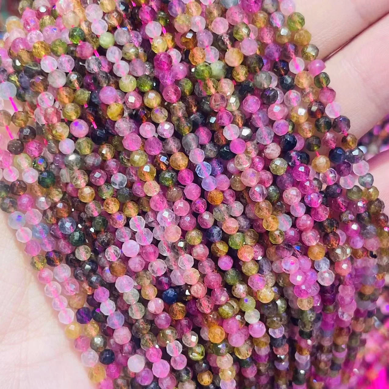 3mm Natural Tourmaline Faceted Round Beads Colorful Spacer Loose Rubellite Stone Beads Gem For DIY Making Noble Jewelry