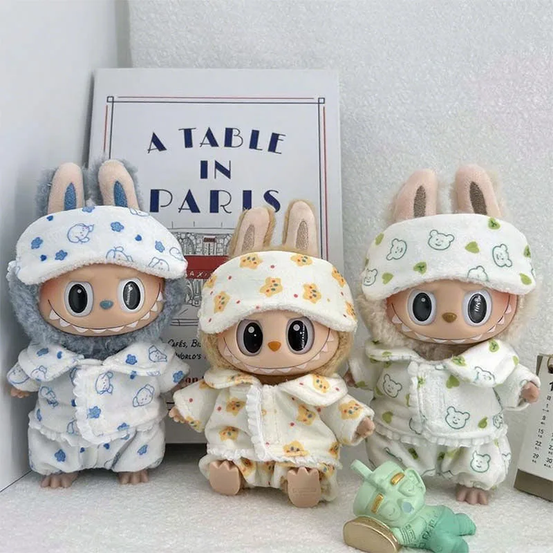 For Labubu Mini Three-piece Pajamas Set with Eye Mask  Cute Idol Plush Doll Clothes 15-17cm V1 V2 Kids Gift Accessory