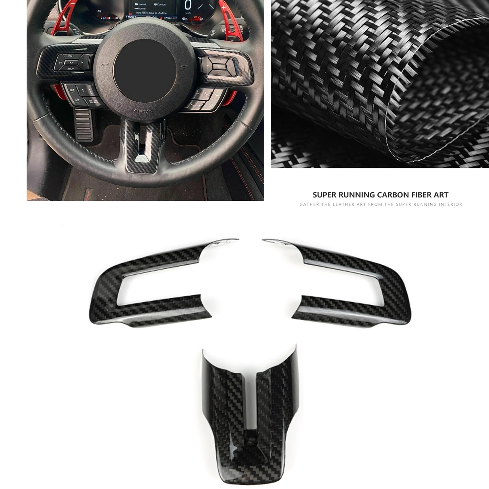 

Carbon Fiber Black/Red Steering Wheel Panel Cover Trim For Ford Mustang 2015 2016 2017 2018 2019 2020 2021 -2023