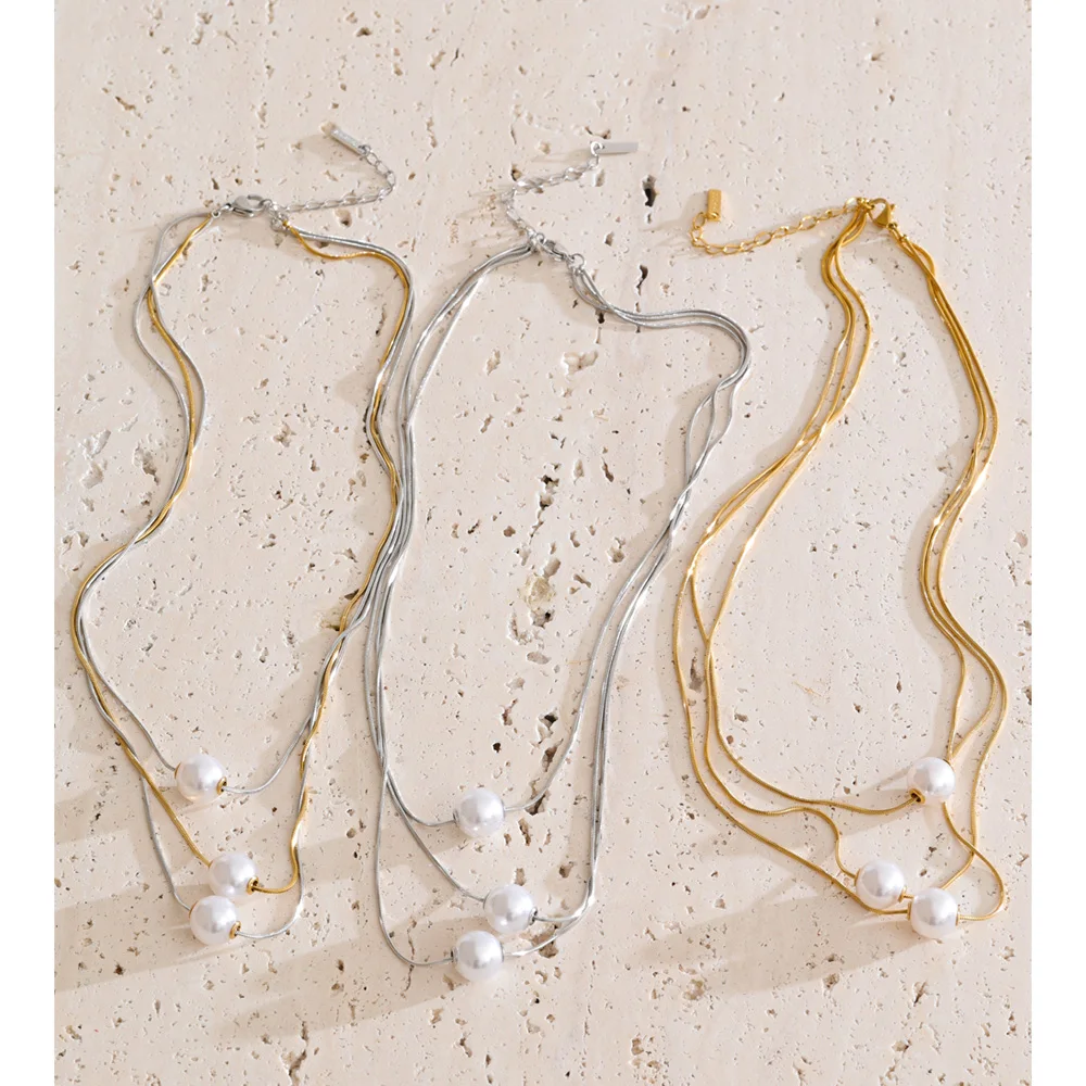 Yhpup Korean Stainless Steel Simulated Pearls 3-Layered Pendant Necklace