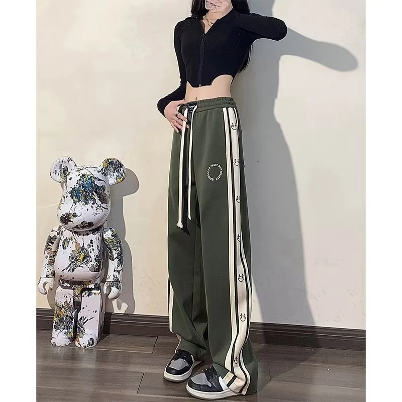 Pants Women's Spring and Autumn American style retro patchwork ruffled and handsome sports pants trendy loose straight casual