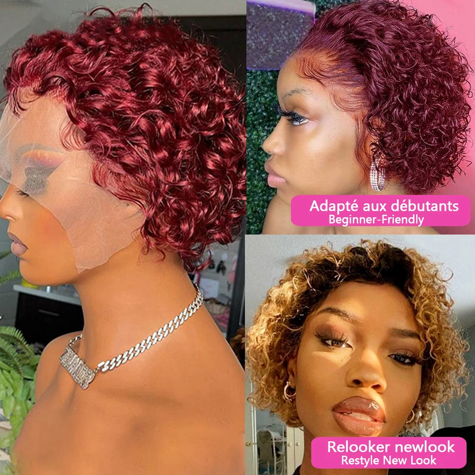 Perruque Pixie Cut Short Bob Curly cheveux humains 13x1 dentelle transparente pas cher perruque 99J bordeaux Kinky Curly perruque pour femmes Jarin Hair