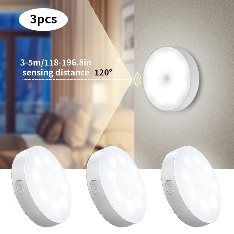 LED Night Light 3PCS LED Motion Sensor Light Night Light USB Rechargeable Night Lamp Kitchen Cabinet Wardrobe Lamp Staircase Closet