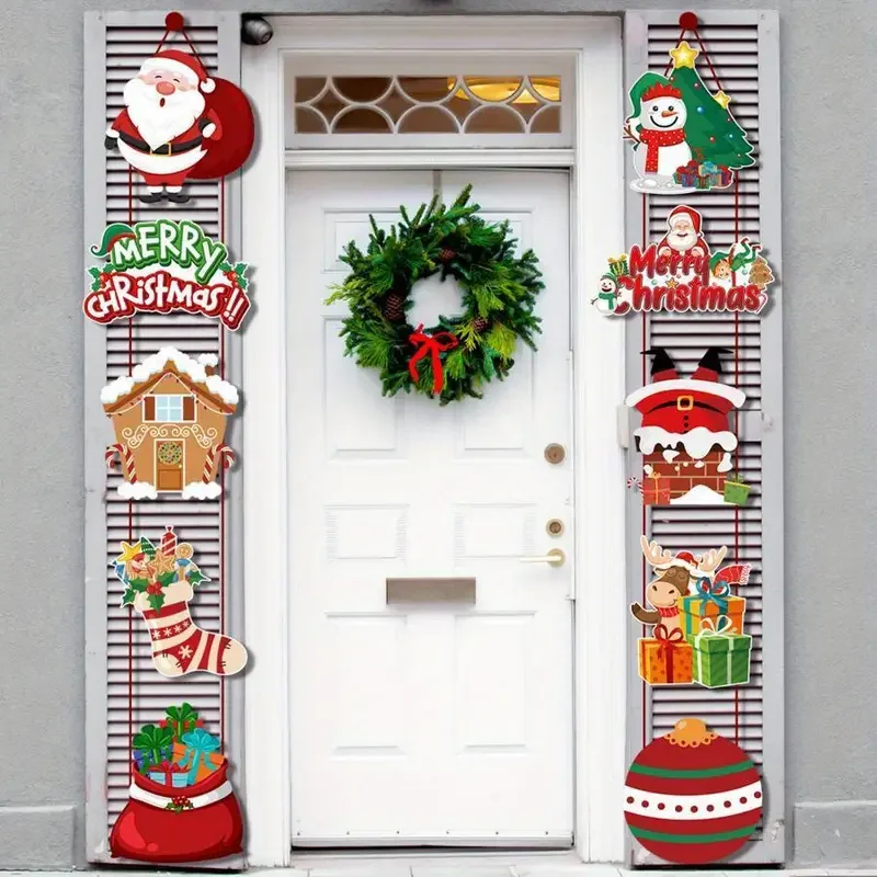 Merry Christmas Hanging Door Banner With Santa Snowman Home Decor For Wall Fireplace Window Xmas New Year Party