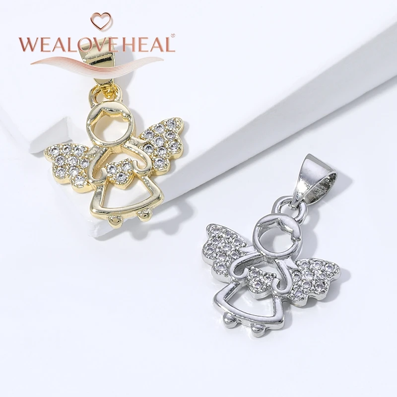 anhänger schmuck,anhänger schmuckherstellung,18K Vergoldeter Messing-Engelanhänger, Glänzender Zirkonia-Besetzter Schutzengel-Flügel-Charm für DIY-Halsketten-Schmuckherstellung Großhandel