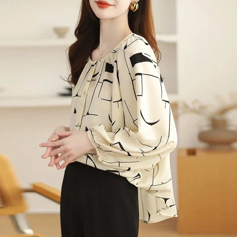 Chiffon Women's Shirt Summer Printed Vintage Blouses Loose Long Sleeve Women Tops O-necks Fashion Clothing 2024 Korean