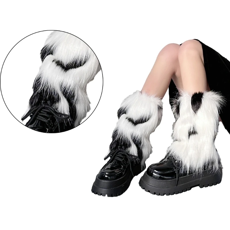 

Women Gothic Punk Furry Leg Warmers Winter Warm Harajuku Lace-Up Ribbon Bowknot Fuzzy Plush Cuffs Leg Sleeve Socks