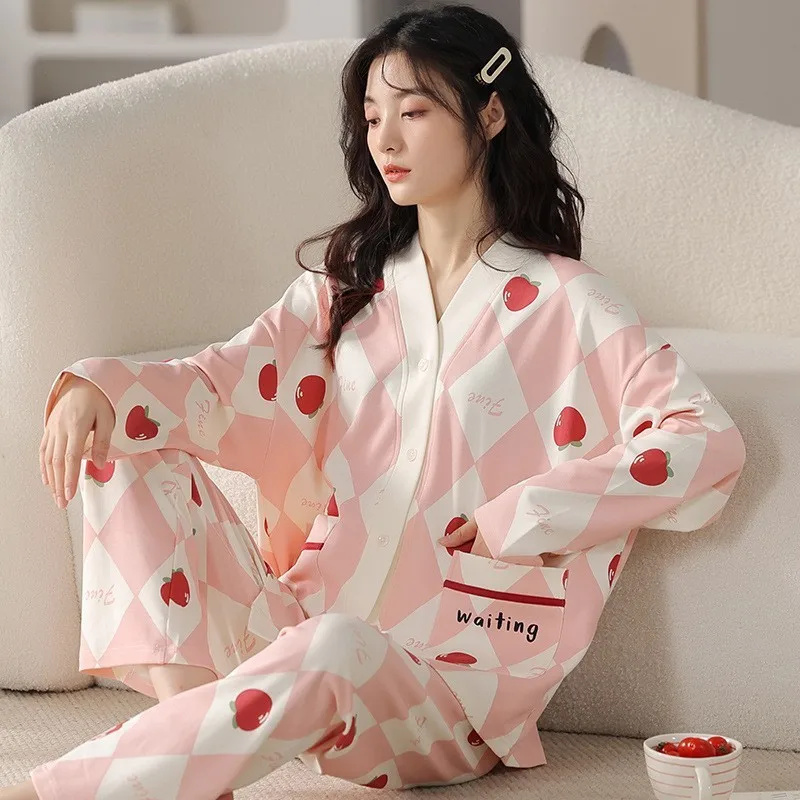 Spring Autumn Women's Thin Pure Cotton Pajamas V-neck Long Sleeve Cardigan Breathable Home Clothing Set Cartoon Cute Sleepwear