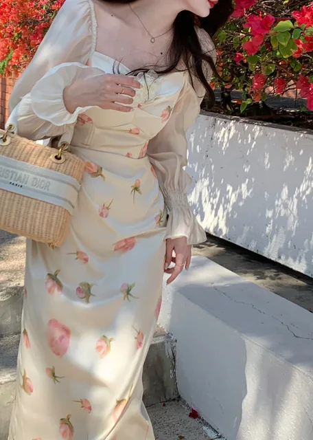 HEYDRESS-Vestido feminino folheado quadrado floral, elegante