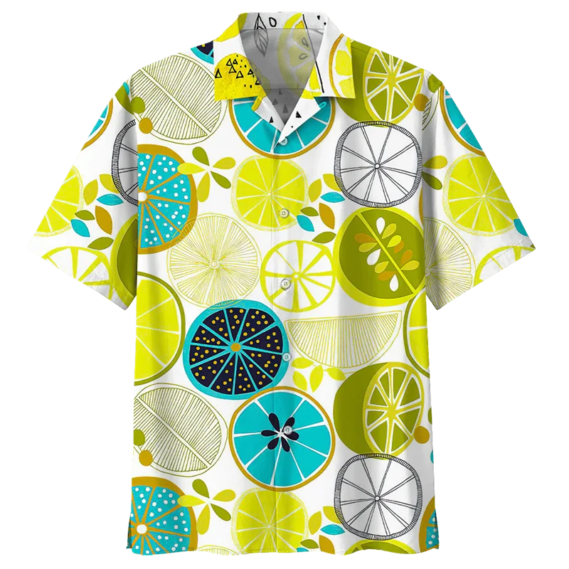 thumbnail image 1 of Camisas hawaianas con estampado de limón para hombre, blusa con botones de manga corta y estampado 3D de frutas tropicales, camisa hawaiana de solapa de gran tamaño, 1 of 4