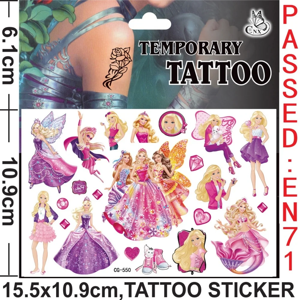 thumbnail image 1 of Pegatina de tatuaje de Barbie impermeable, pegatina de princesa Rosa Original, suministros de fiesta de cumpleaños, decoraciones, regalos para niños y niñas, 1/3/5 hojas（D 3 Sheet, 1 of 5