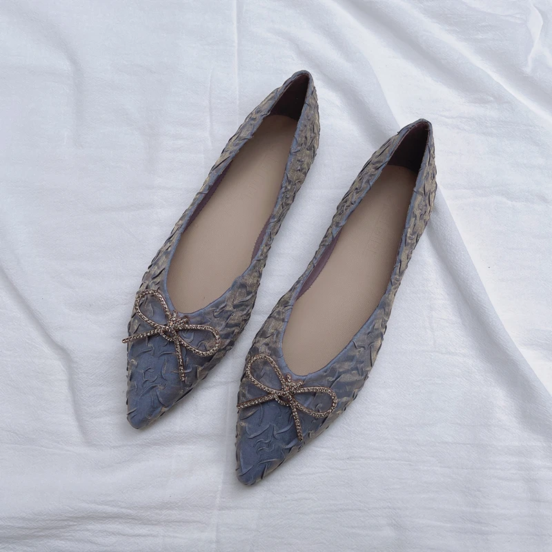 Rhinestone Bow Women's Flat Shoes Zapatos De Mujer Loafers Decorative Pointed Single Shoe Fold Gradient Soft Sole Women Shoes