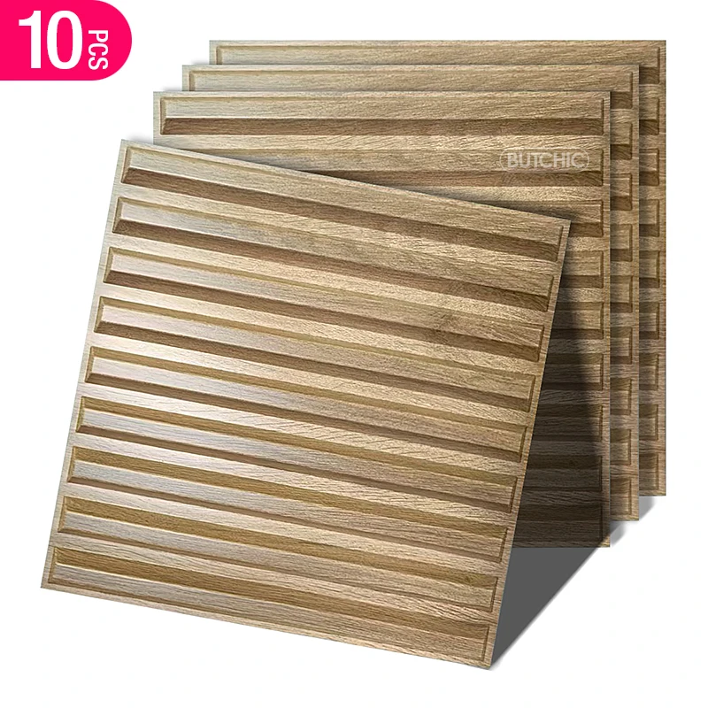 แผ่นผนังลายไม้เทียม 3 มิติ ขนาด 30x30 ซม. จำนวน 10 ชิ้น สำหรับตกแต่งผนังภายใน ลายไม้โอ๊ค แผ่นตกแต่งผนัง 3 มิติ สติ๊กเกอร์ติดผนัง 1