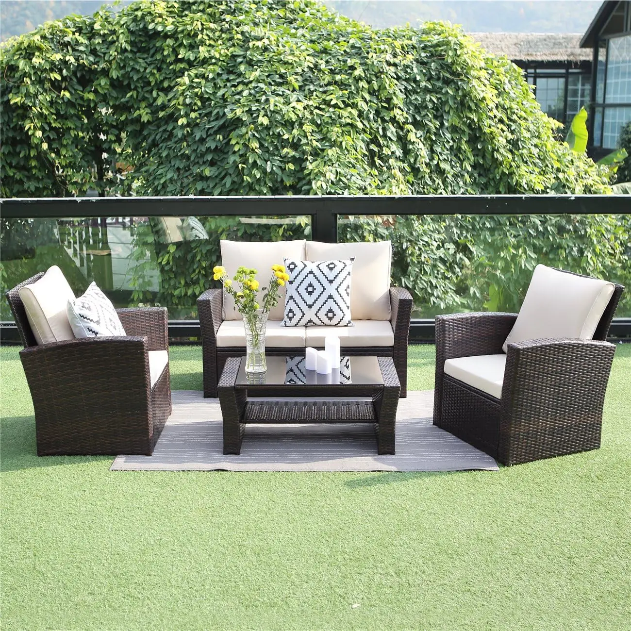 

4PCS Patio Furniture Sets, All-Weather Wicker Conversation Sets, Outdoor Rattan Sectional Sofa Chair with Cushions &Coffee Table