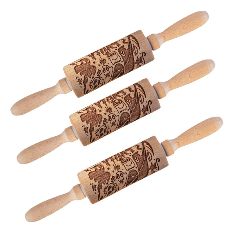 Halloween Rolling Pin Ghost Bat Pattern Wooden Baking Tool