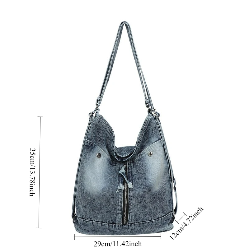 Zaino in Denim alla Moda per Donne, Borsa Multifunzionale a Tracolla di Grande Capacità, Comoda e Versatile Borsa a Secchiello Primaverile - immagine 6