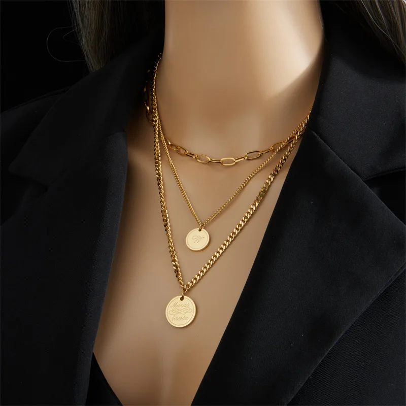 

Simplicity Multi-layer Stacked Metal Titanium Steel Circular Pendant Jewelry Collarbone Necklace Fashionable and Versatile