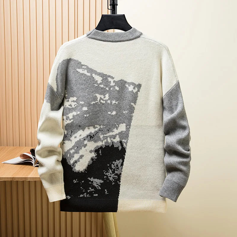 Men's Winter Sweater Pullover Print Korean Fashion Clothes Knitwears Jacquard Youth Versatile Round Neck Casual Long Sleeve Men