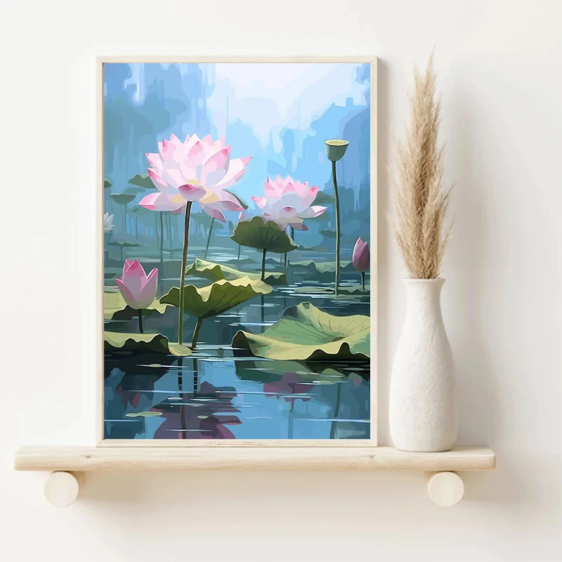 Vintage Traditonal Chinese Style Lotus Flower Pond Moonlight Landscape Art Poster Canvas Painting Wall Prints Picture Home Decor 3