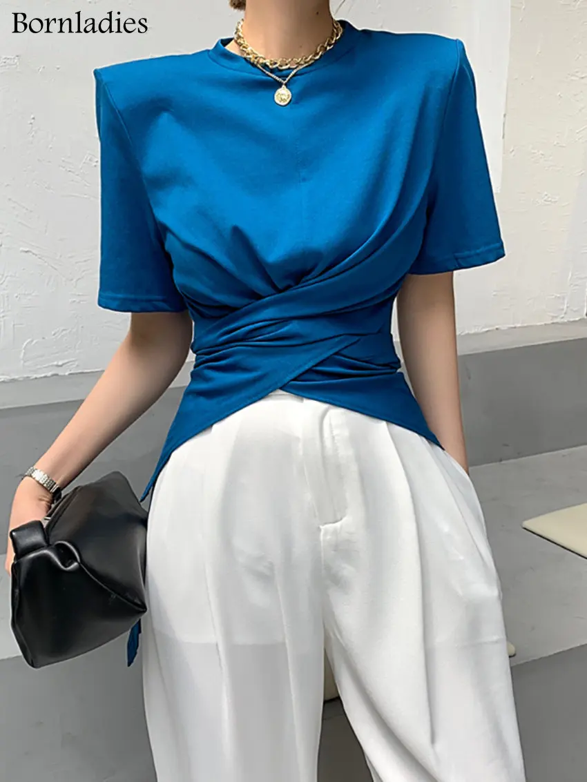 

Bornladies 2022 Summer Chic Short Sleeve Women Solid T-shirts Female Stylish Slim Waist Loose O-neck Tops Shirts Ladies Tees