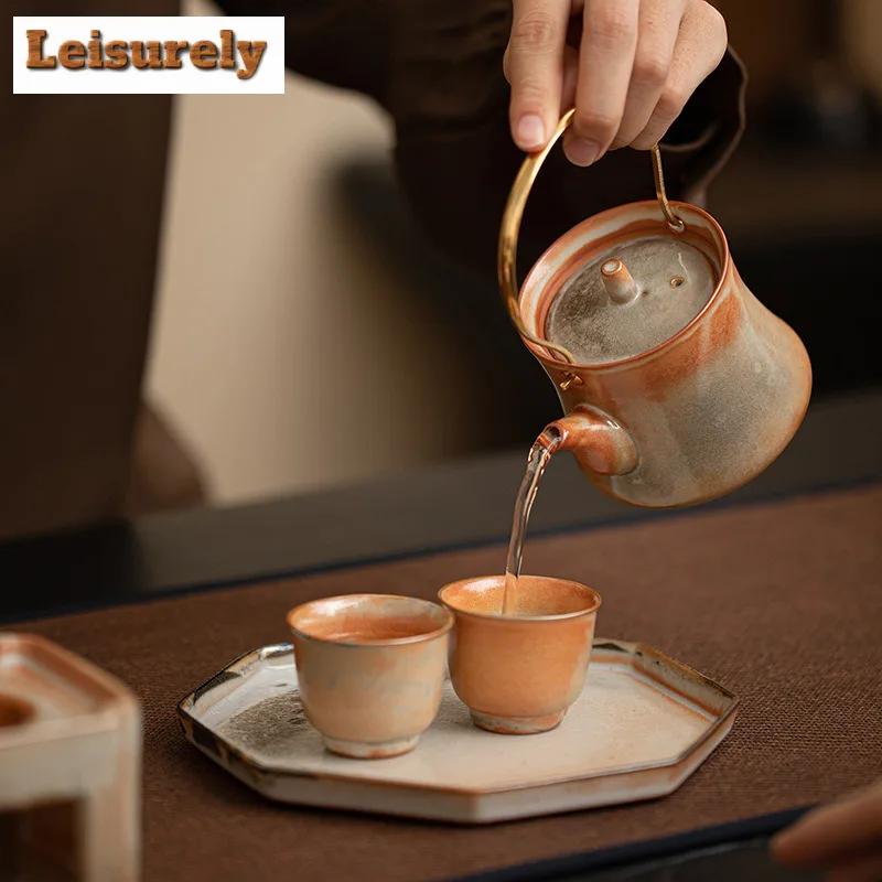 Kiln Fambe Hoop Handle Teapot Aesthetic Tea Infuser Pot Tea Maker Kettle With Ball Hole Flower Tea Chinese Tea Set Collection