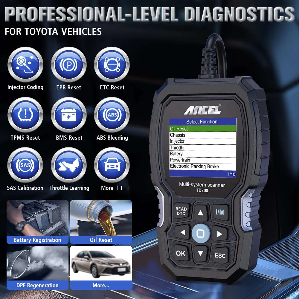 ANCEL-LD700 OBD2 Scanner, TPMS, ABS, Reset De Óleo, Motor, Todos