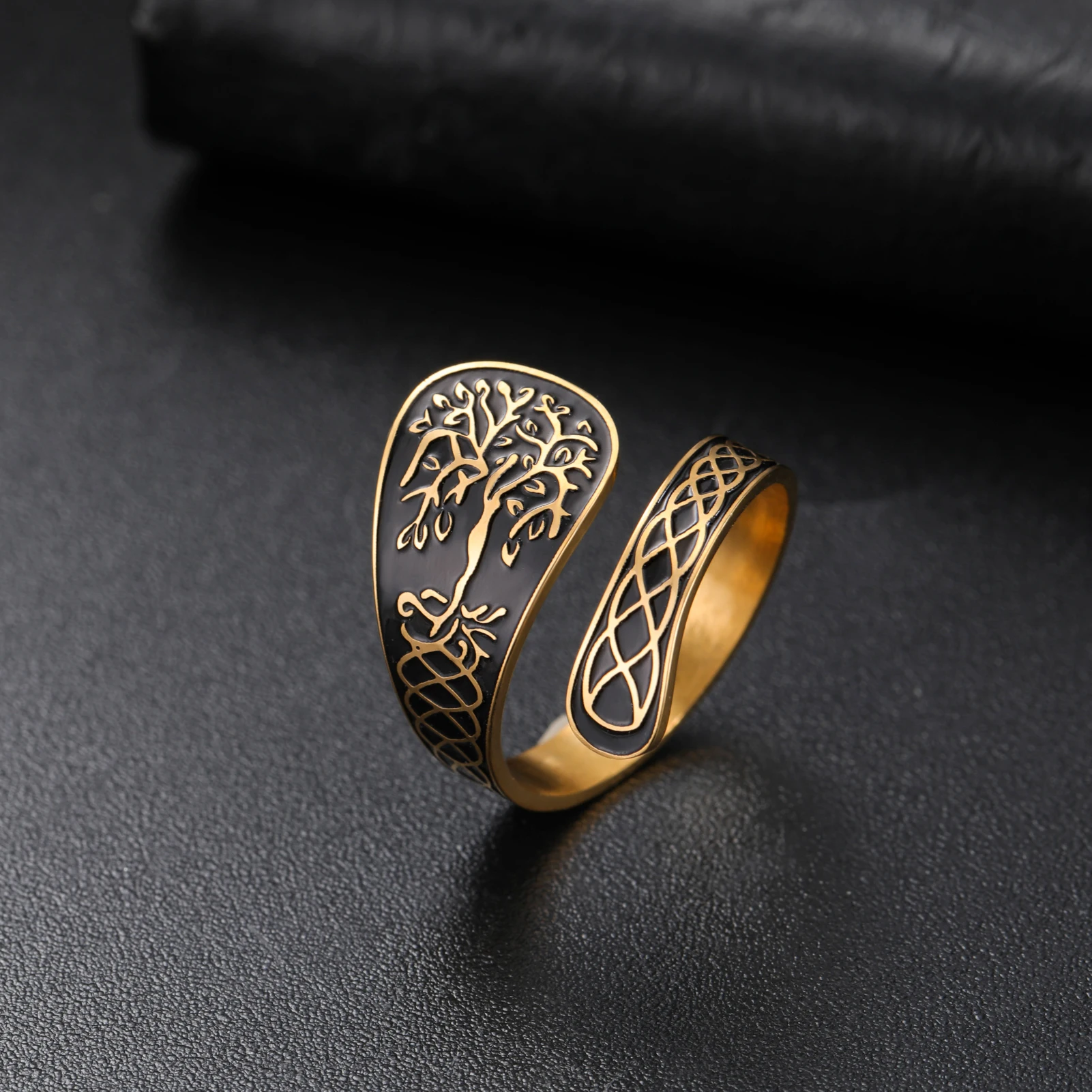 Cooltime Vintage Baum des Lebens Edelstahl Ringe Schmuck Keltischer Knoten Talisman Löffel Gold Farbe Manschettenring für Frauen Männer – Detail 4