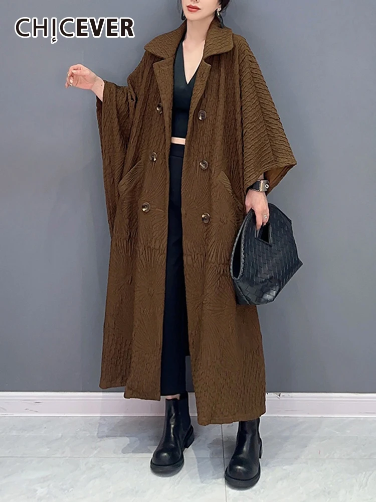 

CHICEVER Autumn Solid Loose Coats For Women Lapel Batwing Sleeve Patchwork Double Breasted Korean Temperament Coat Female New