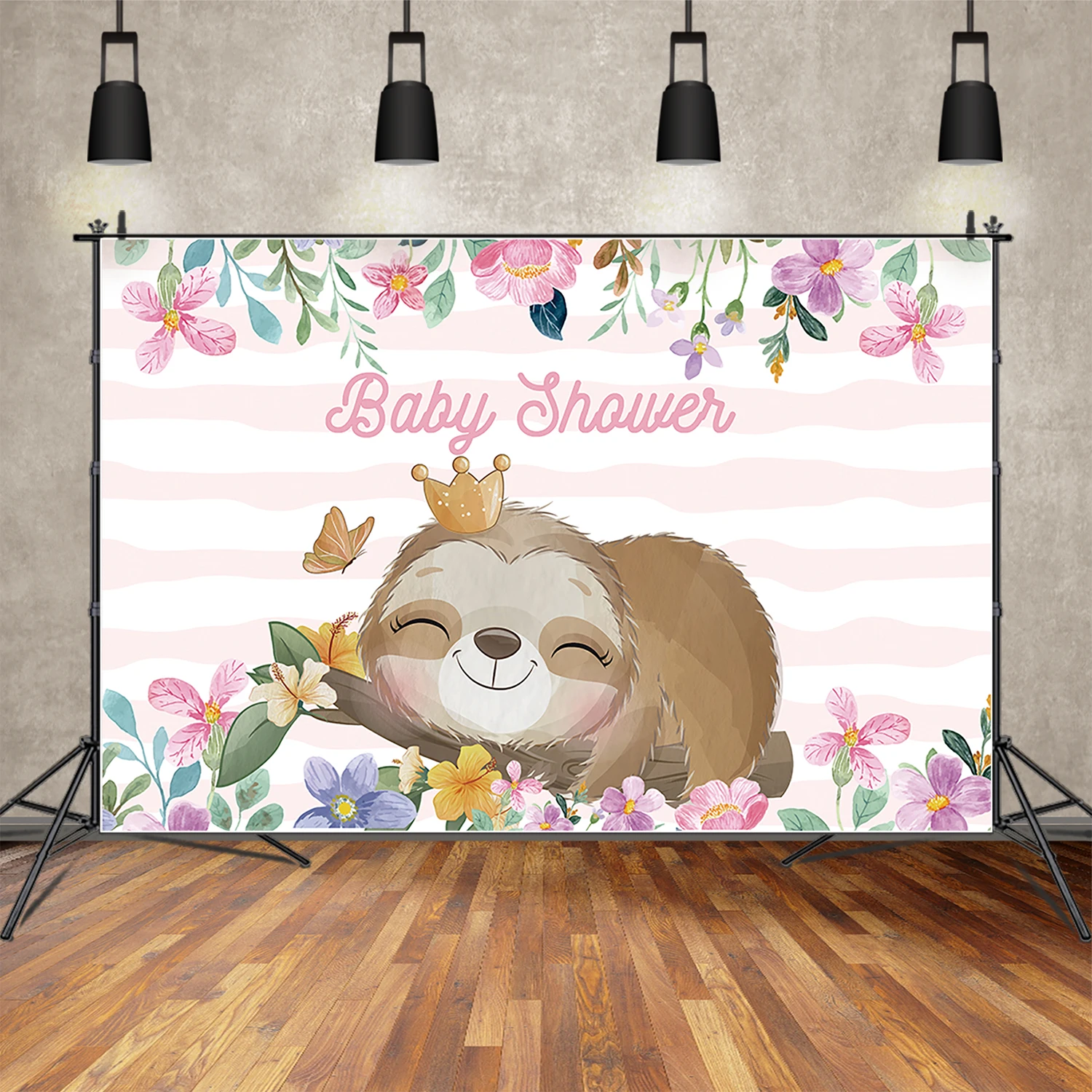 

MOON.QG Little Sloth Baby Shower Backgrounds Newborn Stripes Butterfly Flowers Backdrops Party Banner Decoration Photocall Props