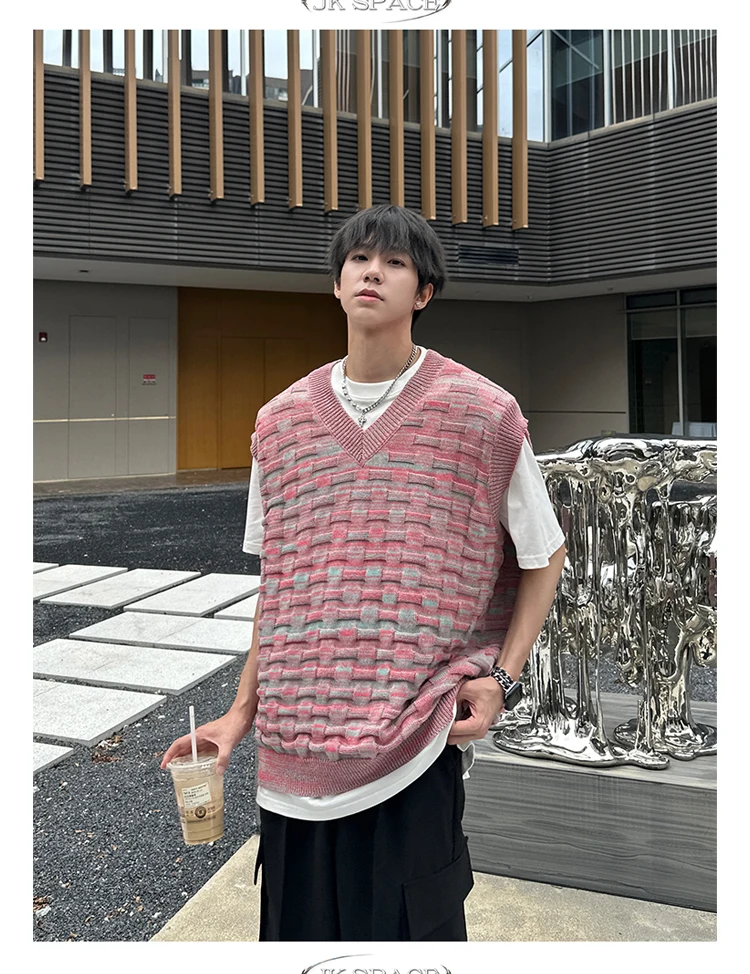 Description Picture 6 of itemMen Sweater Vests V-neck 3 Color Koran Style Retro Daily College Knitting Sweaters Contrast  Vitality All-match Popular