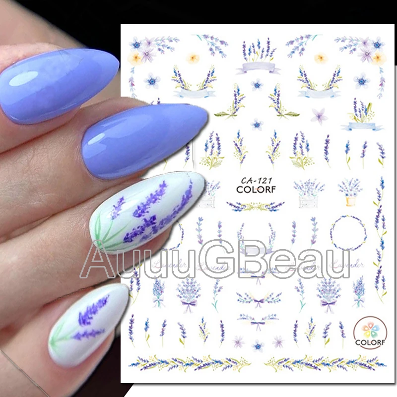 3d Nail Art Decals Purple Florals Lavender Flowers Letters Adhesive Sliders Nail Stickers Tips Manicure