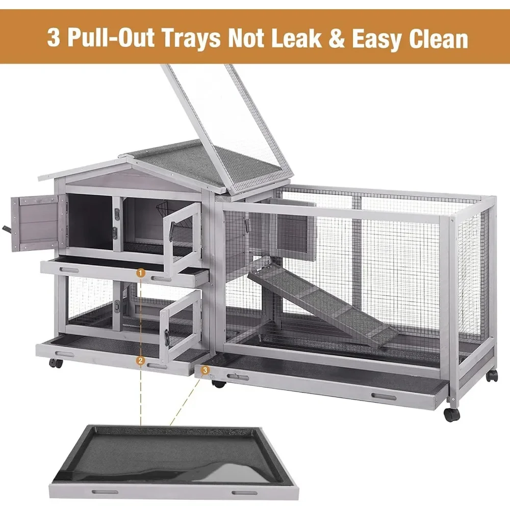 Bunny Cage Indoor and Outdoor Rabbit Hutch with Casters Waterproof Roof, Pull Out Tray from Back and Front 5