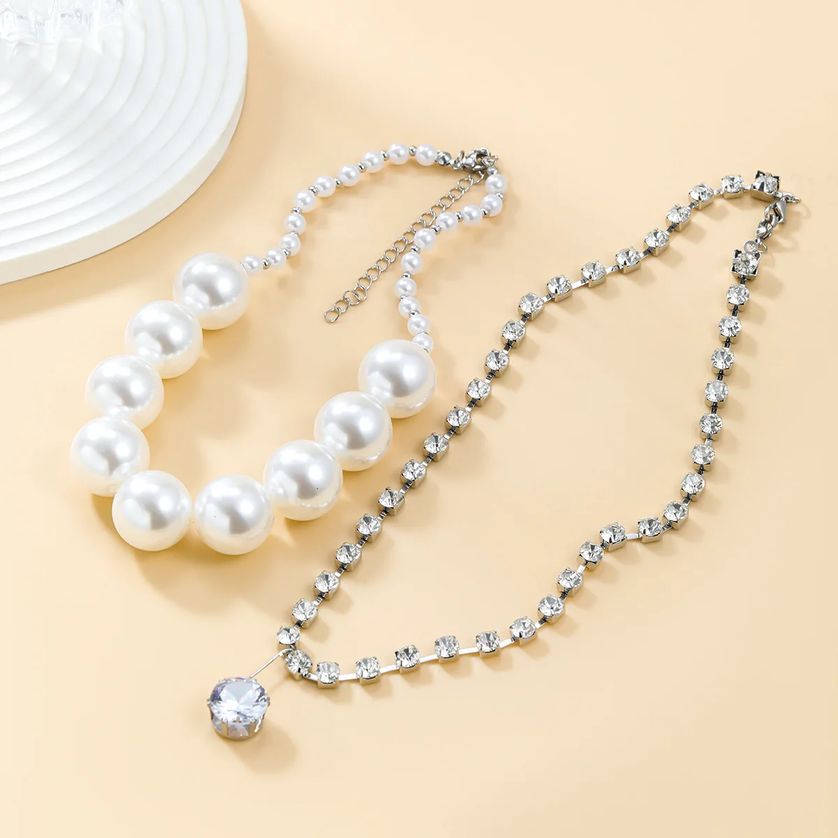 

2PC/SET Imitation White Pearl Bead Chain Necklace for Women Fashion Statement Crystals Pearls Collar Jewelry
