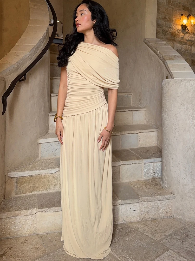 Nibber Patchwork Dress Women Inclined Shoulder  Y2K Sexy Irregular Ruched Stretch Summer Temperament Classic Vestidos Clubwear