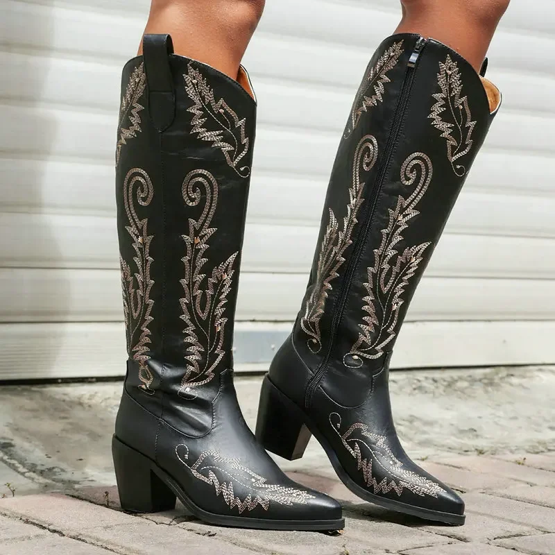 

Good Quality Winter Woman Shoes Red Brown Retro Vintage Chunky Heels Luxury Brand Knee-high Embroidery Western Cowboy Boots