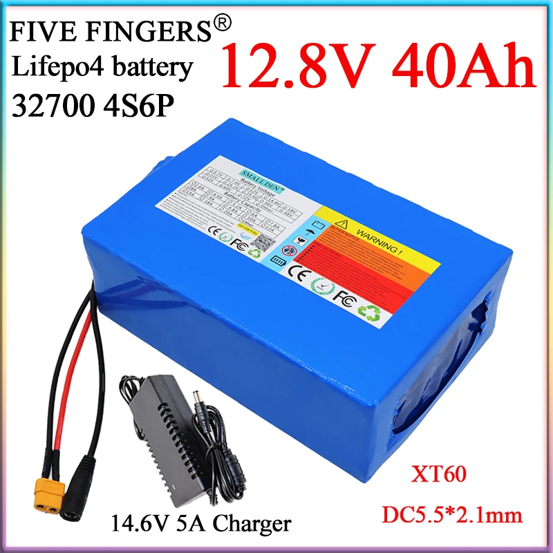 

12.8V 40Ah Lifepo4 Battery Pack 4S6P 32700 With Same Port Charge and Discharge Balanced BMS For 12V Power Supply+14.6V5A Charger