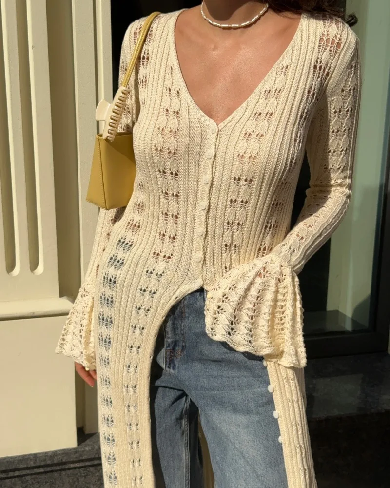 Deep V Neck Long Cardigan Dress - Elegant Hollow Knit Cover Up for Women