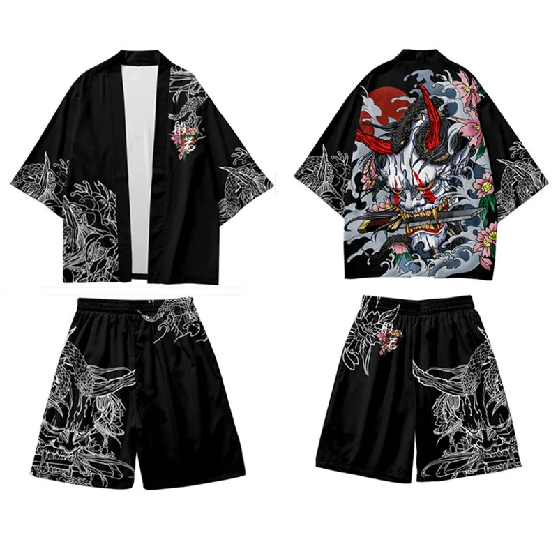 Large Size 5XL 6XL Japanese Kimono Cardigan Shorts Set Print Hannya Men Women Shirt Tradition Yukata Haori Obi Cosplay Costume